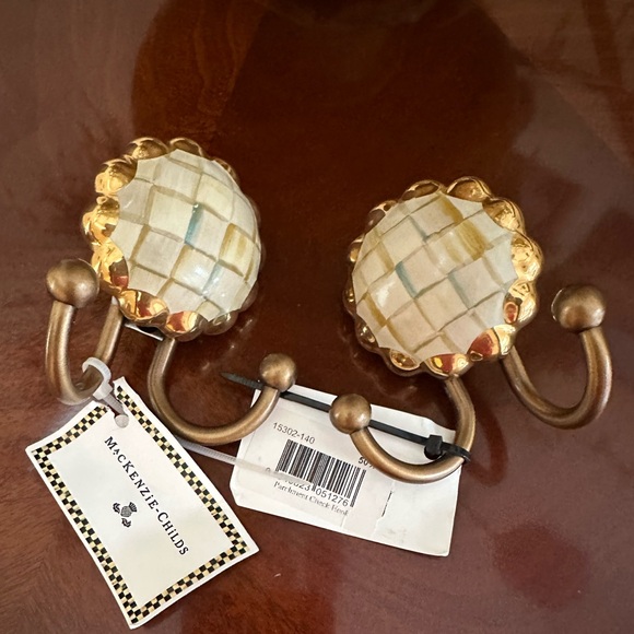 MacKenzie-Childs Parchment Gold and Cream Check Decorative Hooks - Picture 1 of 6